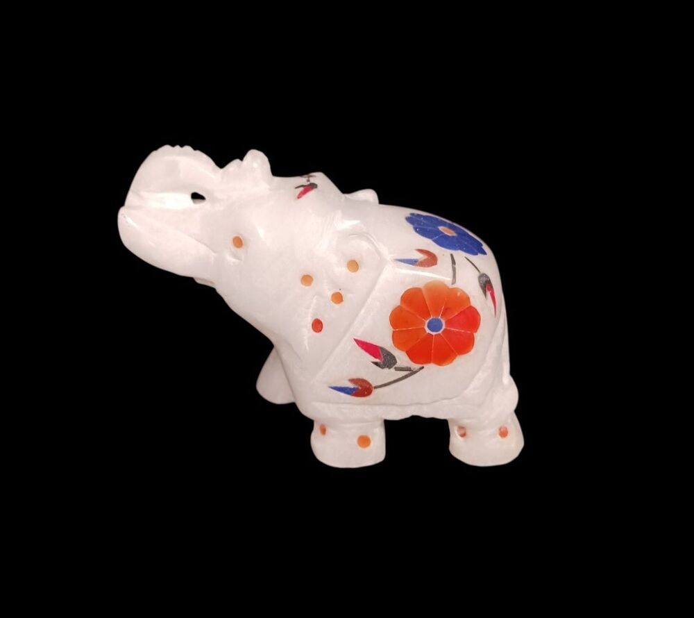 Hand Carved White Marble Elephant Figurine Semi Precious Gemstone Inlaid India